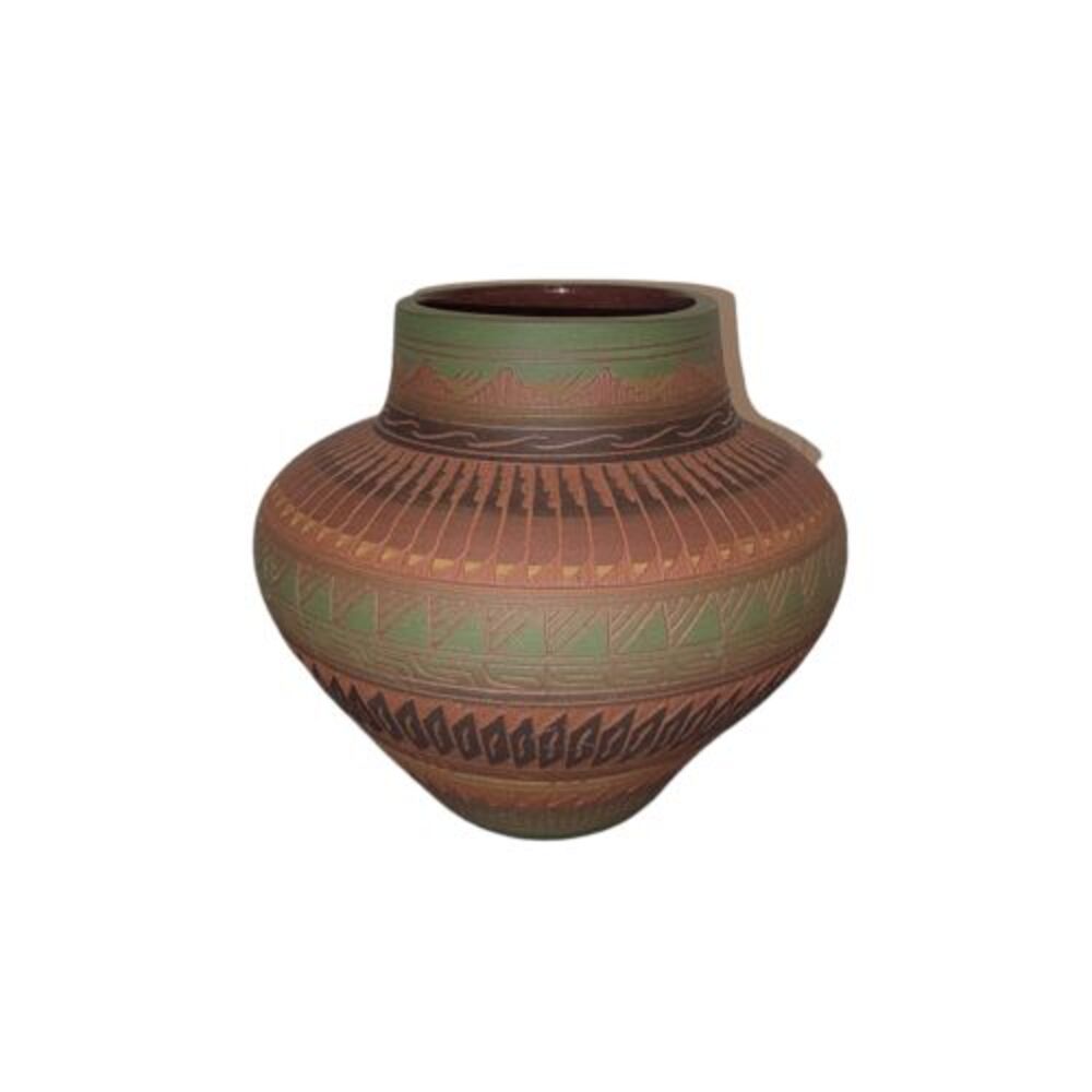 Vintage Native American Multicolor Round Shape Clay Pottery Flower Vase